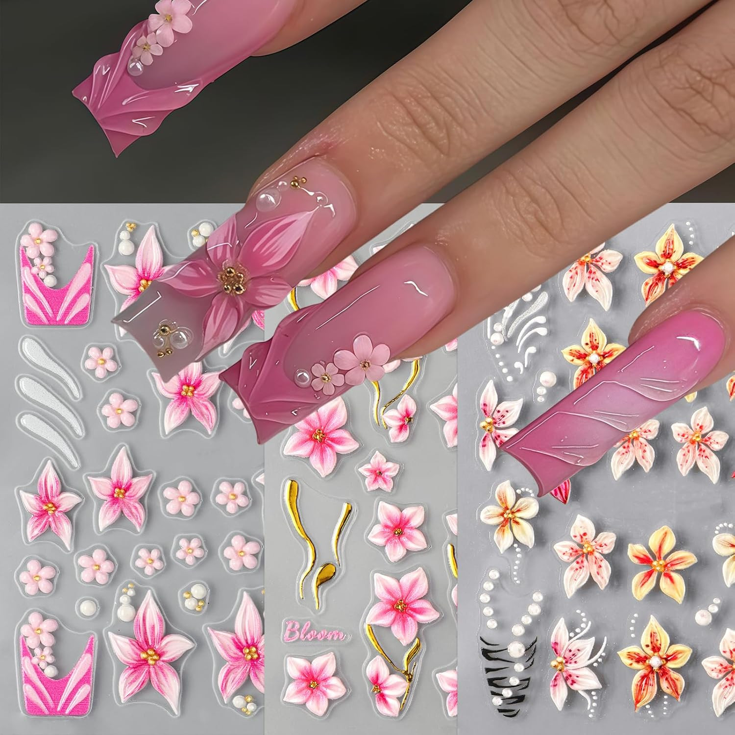 3Sheets Flower Nail Art Stickers Decals 5D Embossed Hibiscus Nail Stickers Lily