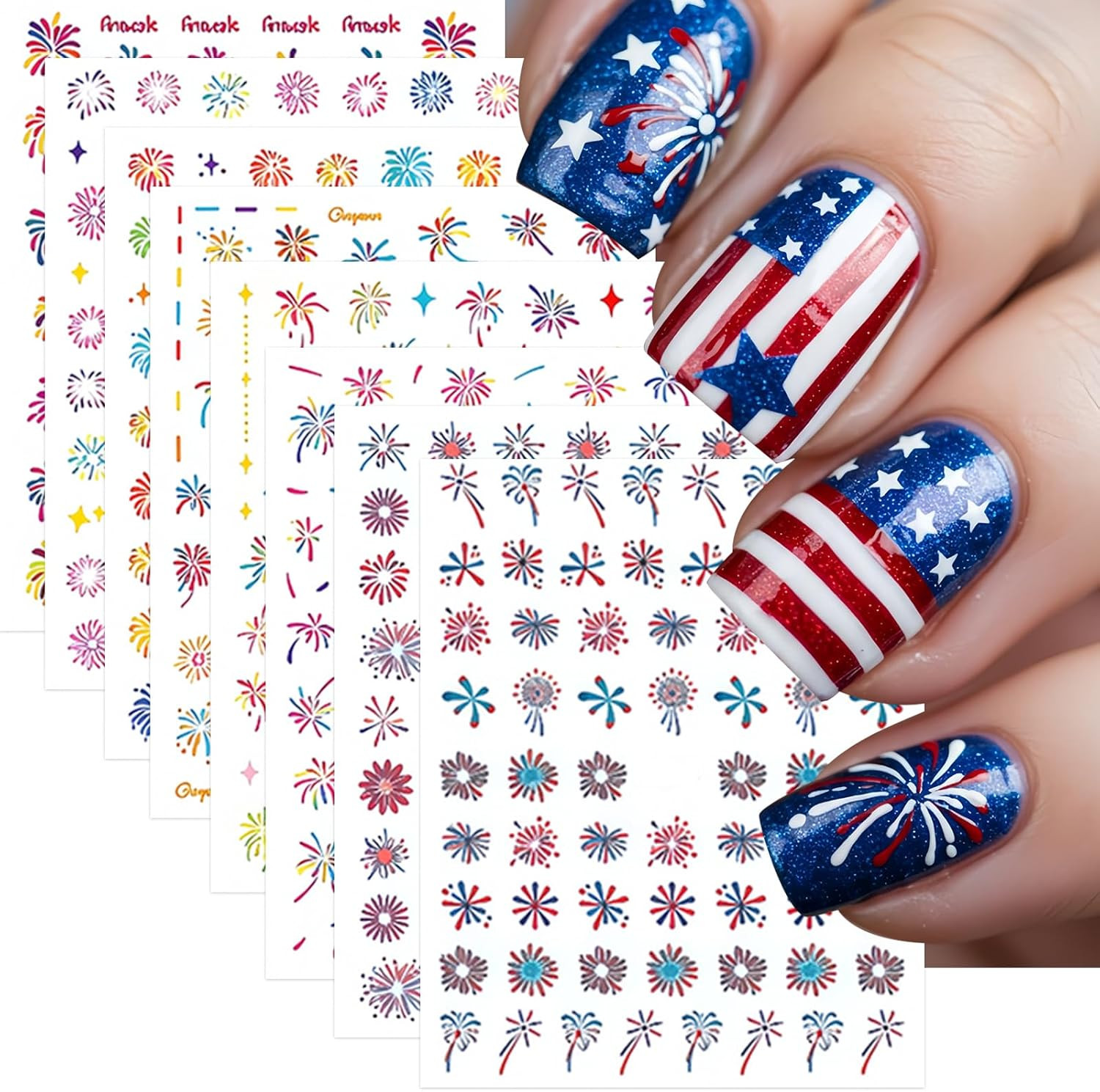 8 Sheets Independence Day Colorful Firework Nail Art Stickers 4Th of July Firewo