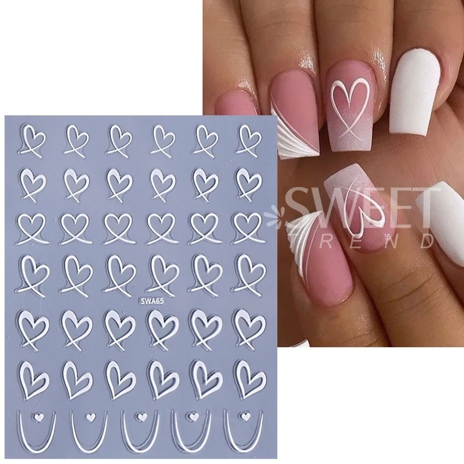 Nail Art Stickers 3D Black White Pink Lines Love Heart Nail Decals Adhesive 3PCS
