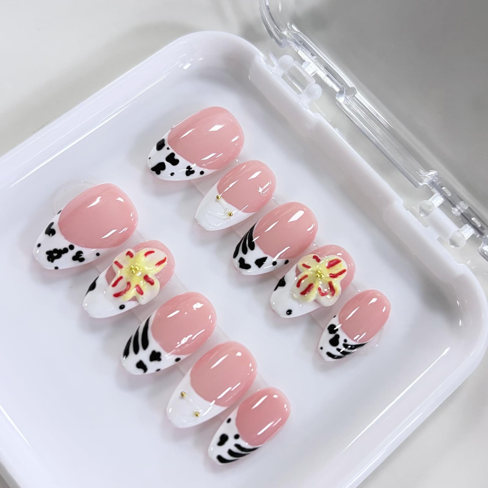 Cute Handmade Press on Nails 3D Flower and Cow Print French Tips Almond Fake …