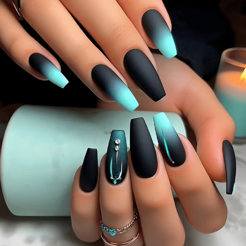 48P Long Coffin Press on Nails, Black Mint Green Gradient Luxury Fake Nails