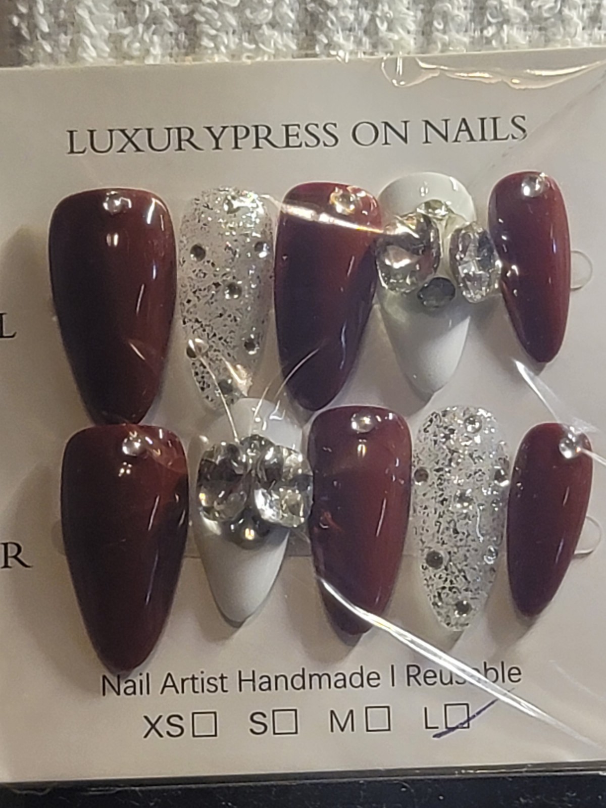Handmade 10 PC Set Nails Mauve Silver Gem And White Spkl, Sz L Med Almond