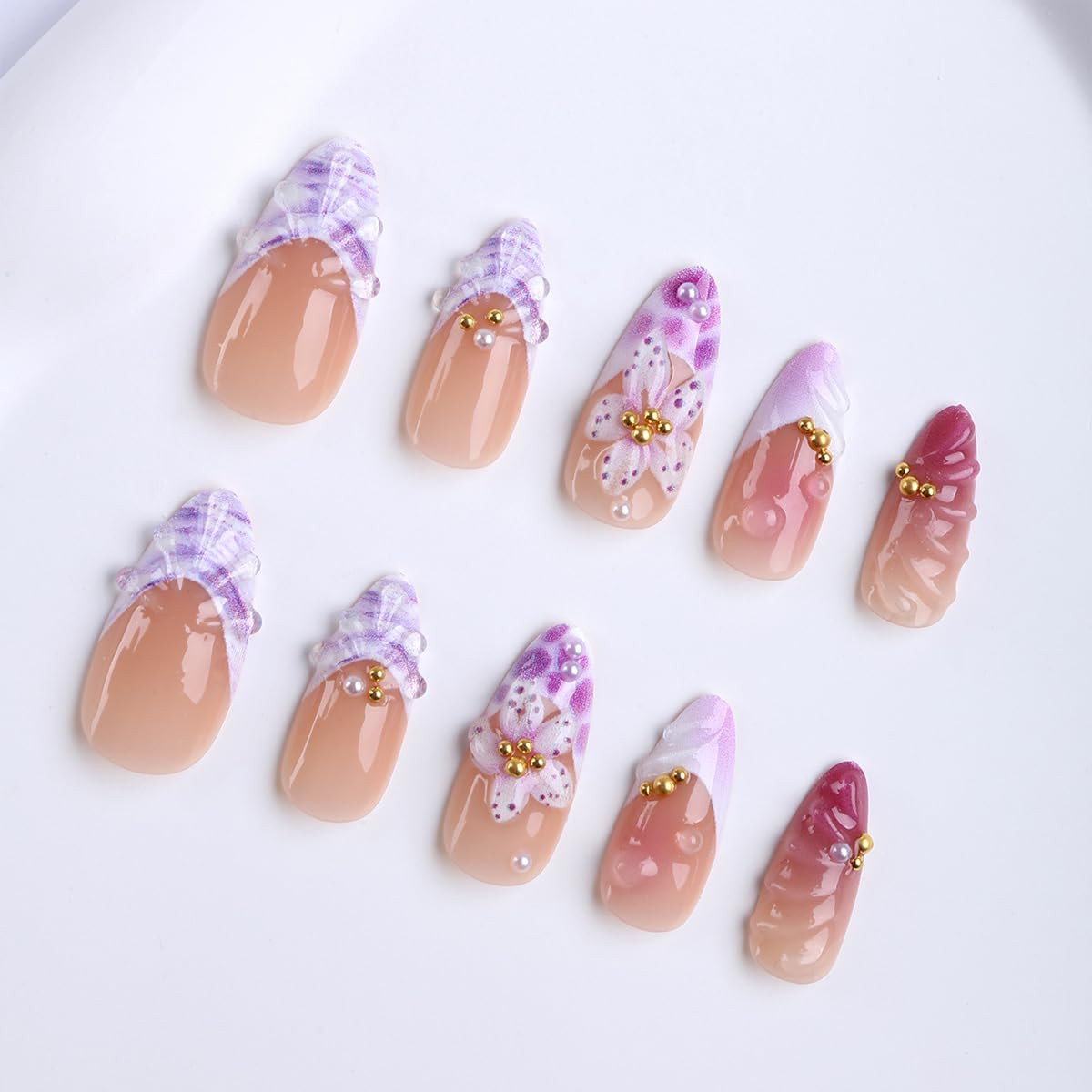 Summer Press on Nails Medium Almond Nails Press Ons with Flower & Gold Bead Desi