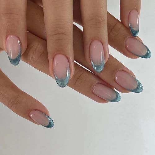 Denim Blue Glitter Jeans – Short Tip – Press on Nails – Blue Jean
