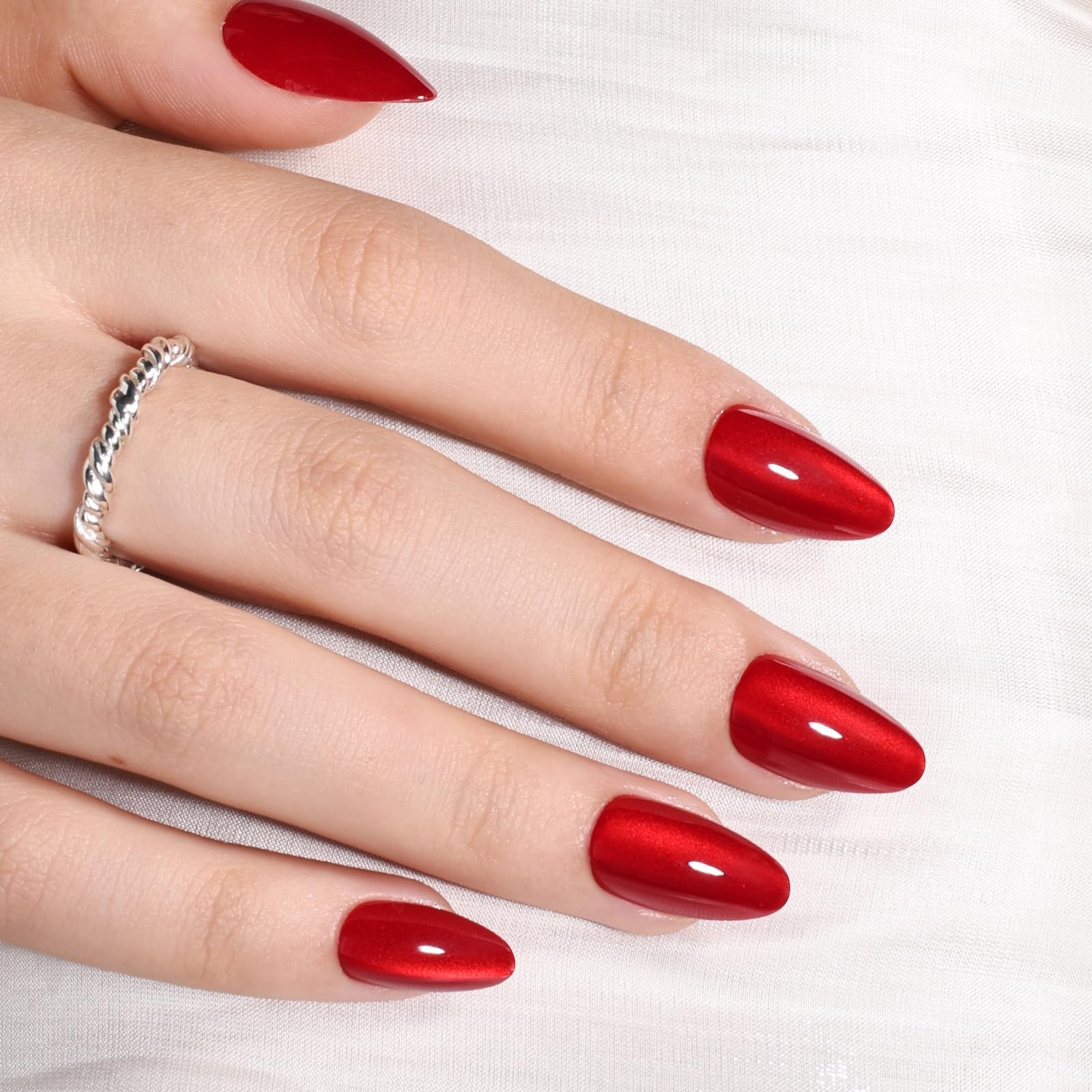 Cherry Red Cat Eye Press On Nails, Short Almond Reusable Nails | Includes 32 …