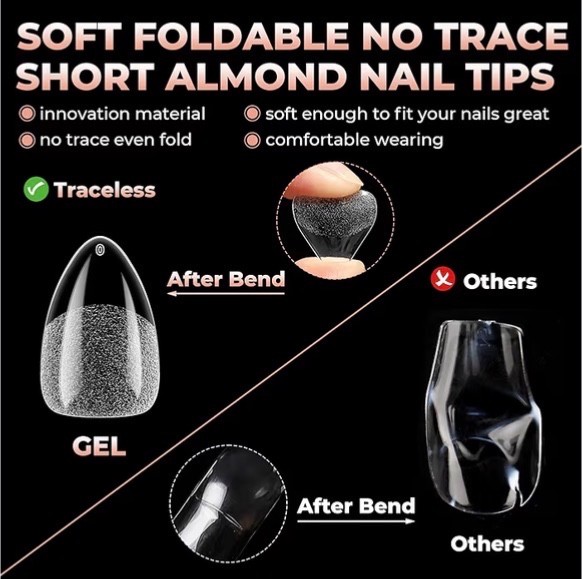 4 Pack UNA GELLA Extra Short Almond Nail Tips 2016PCS Full Cover Soft Gel Clear