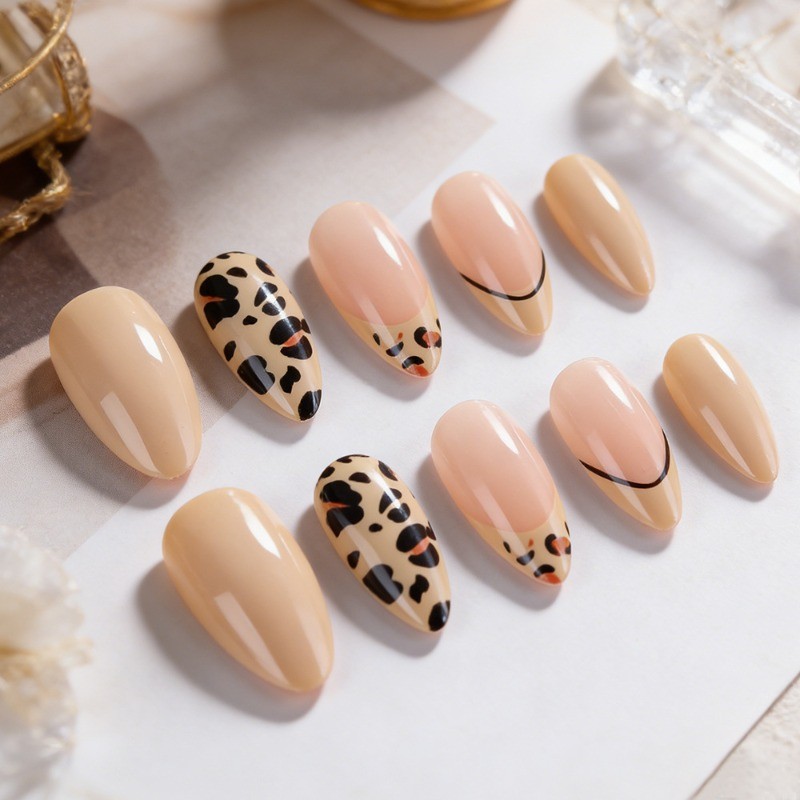 48pcs-Trendy Mixed Design Press on Nails, Almond with Leopard & Nude Accents