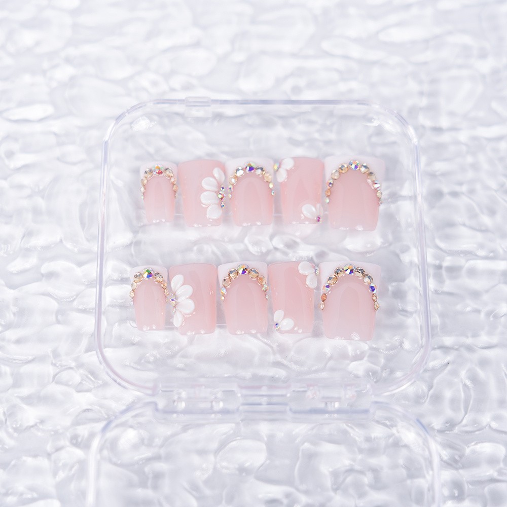 Handmade Flower Press On Nails Pink Crystal Chain Duckbill Fake Nails Reusable