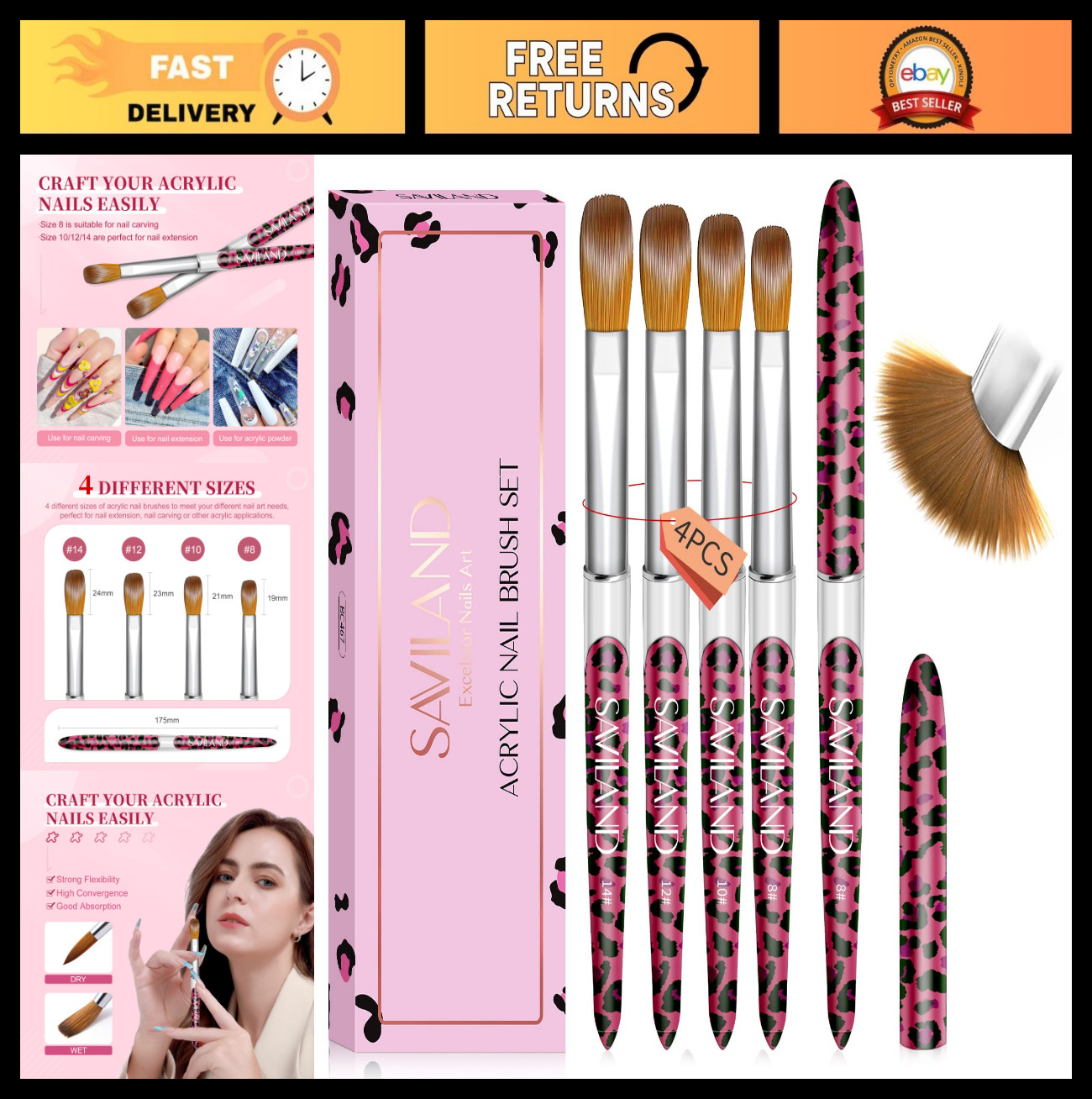 4PCS Kolinsky Acrylic Nail Brush Set – Professional Brushes for Acrylic Powder &