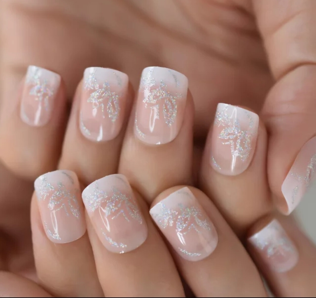 24 Short Press on Nails kit w glue ombre french silver butterfly design glitter