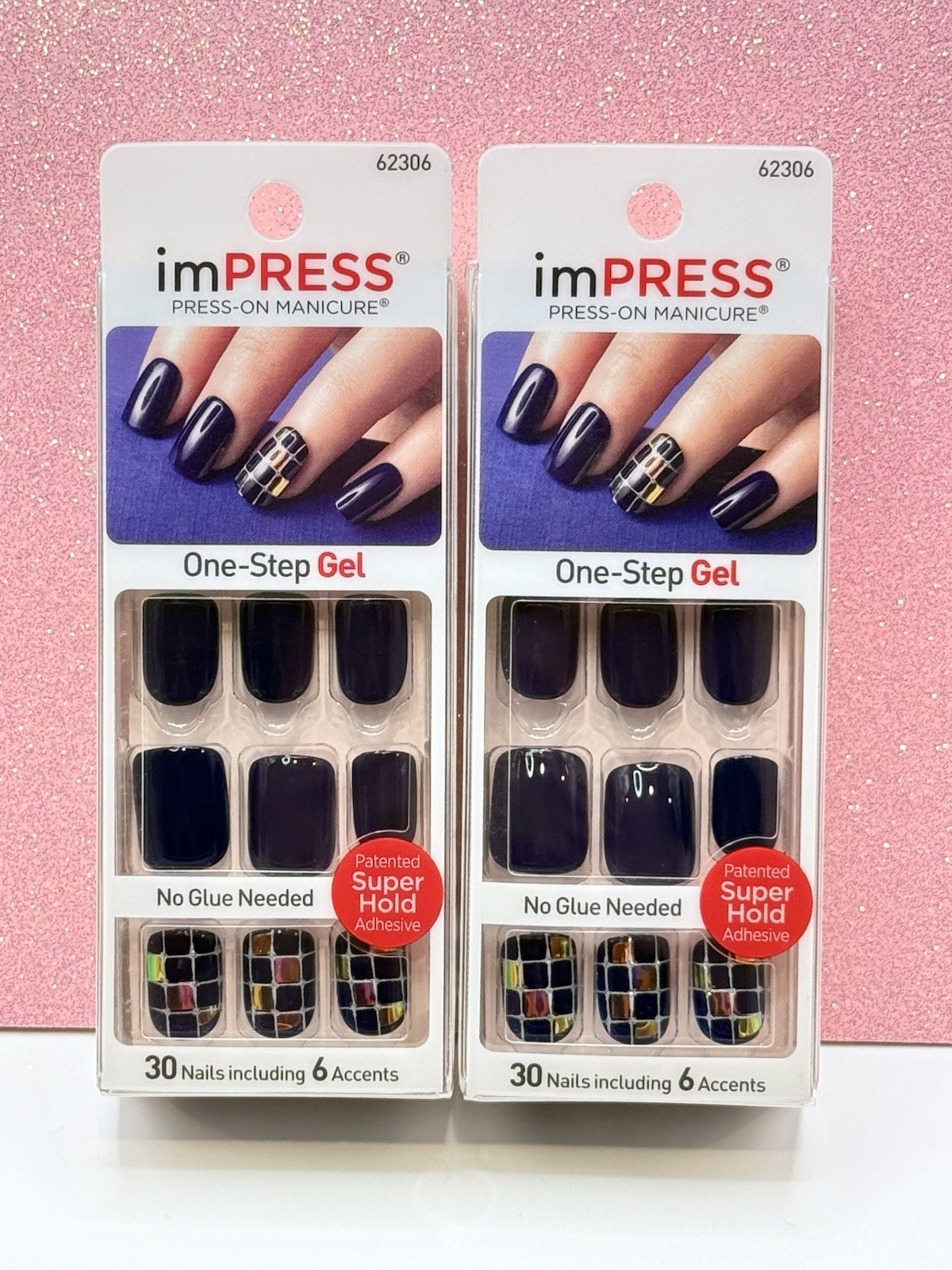 Kiss imPRESS No Glue Press-On Nails Short Navy Blue Glossy Geometric Lot Of 2