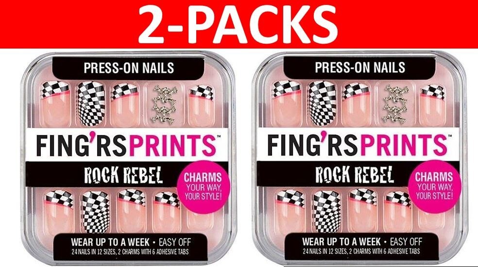 2x FING’RS PRINTS Press-on Nails, NO GLUE NEEDED Rock Rebel Check 31045 (2-PACKS