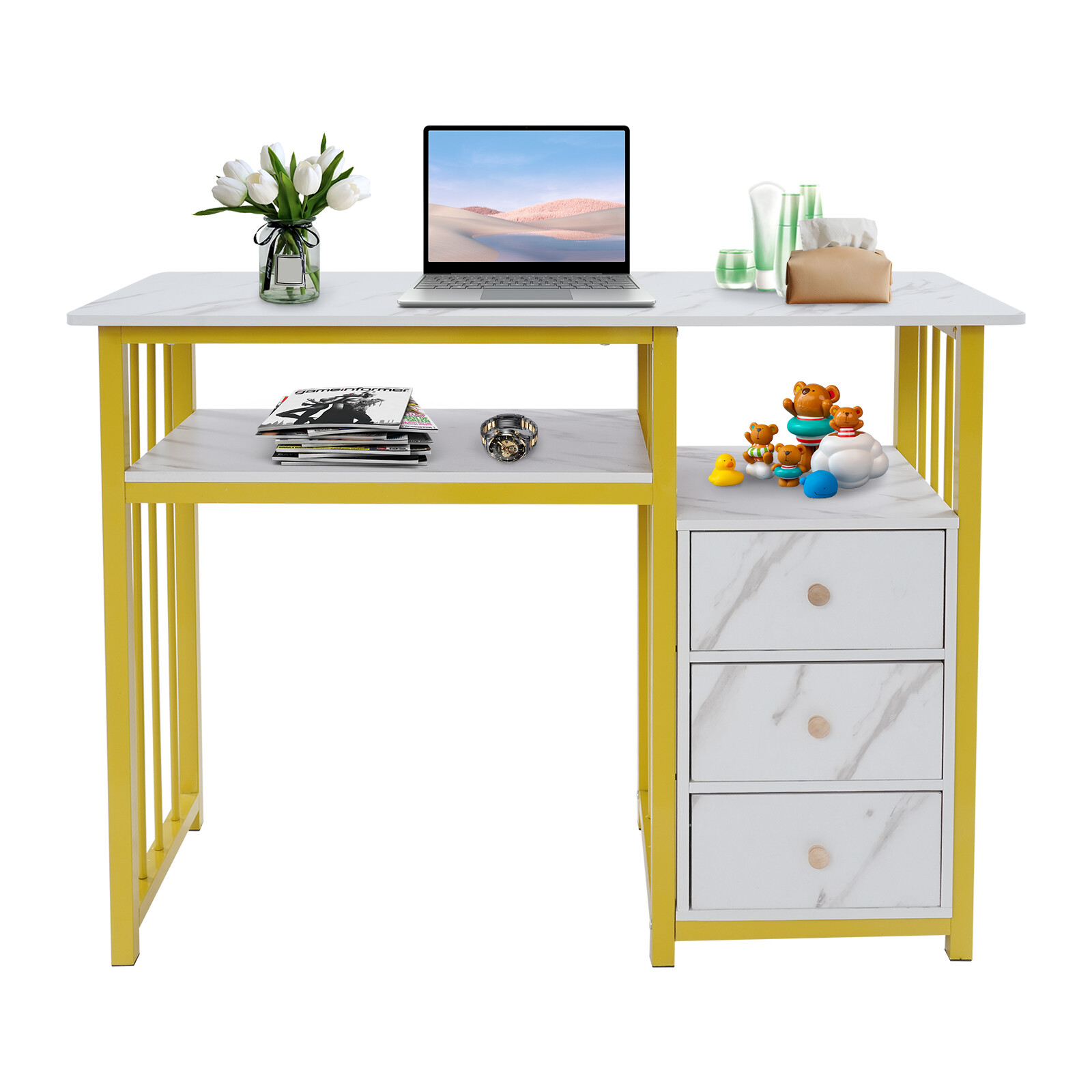 Marbling Texture Nail Desk Manicure Table Station Manicure Desk with 3 Drawers