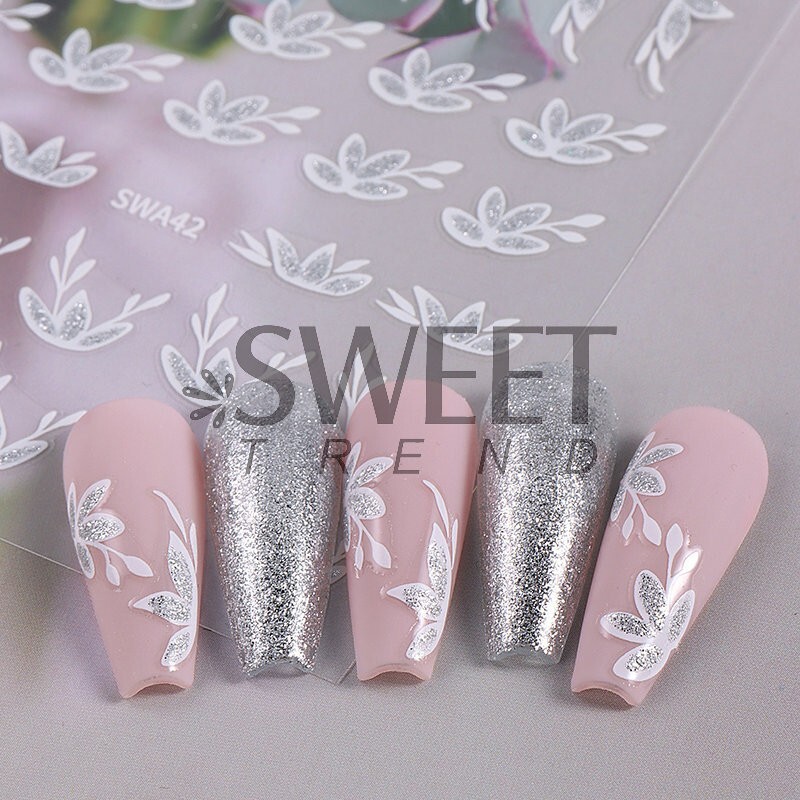 2Pcs White Pink Glitter Flower Floral Star French Nail Art Stickers Decals NH28