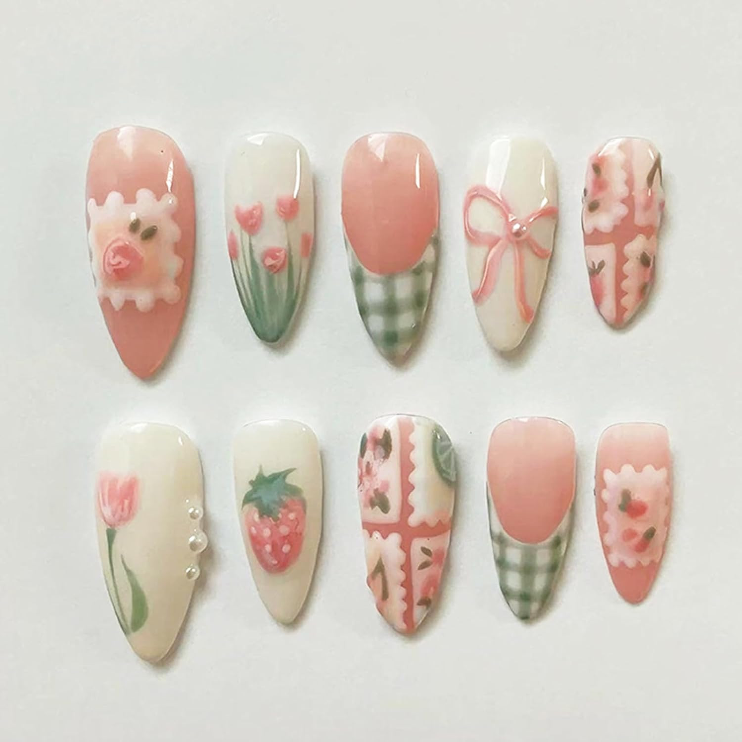 Cute Spring Press on Nails Almond Shape Medium Fake Nails with Small Flower Stra