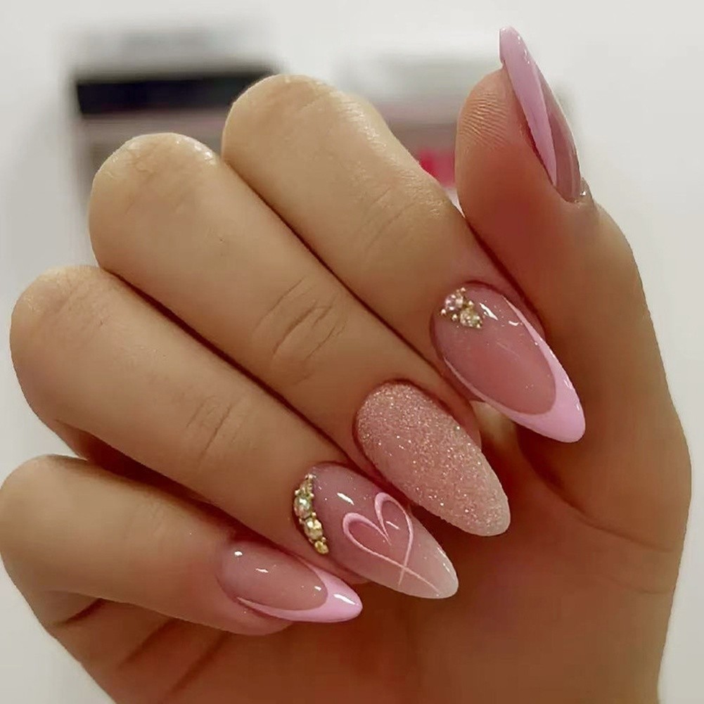 24PCS Almond For french Nails with Delicate Heart Design and For shimmer Finish