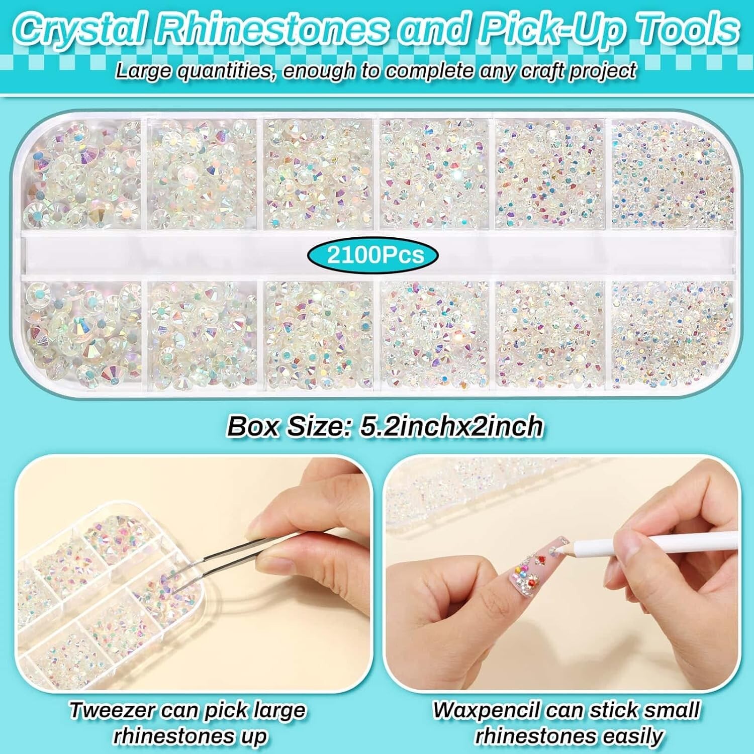2100Pcs Clear AB Rhinestone with Tweezer Clear Glue Tool Kit For Making DIY