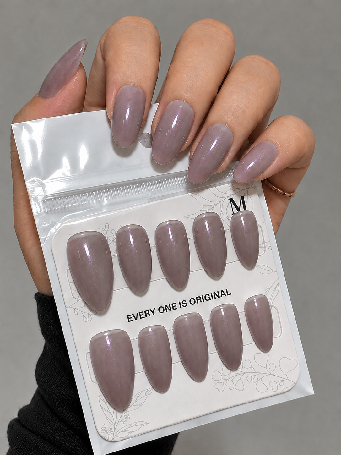 Elegant Dusty Mauve Grey Pearl Glossy Almond Press-On Nails – Medium