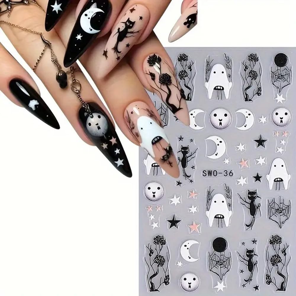 2Pcs Halloween 5D Nail Art Stickers – Black Red Roses Crow Skulls and Black C…