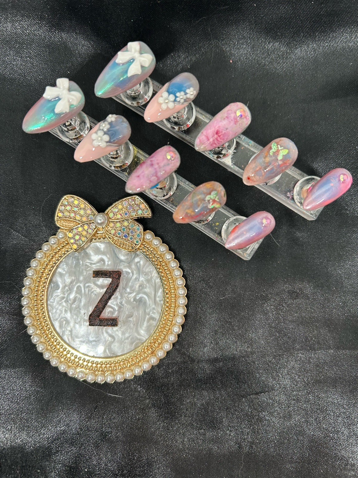 Z NAILZ! Handmade M Almond Pink Floral With Embellishing Press On Nails