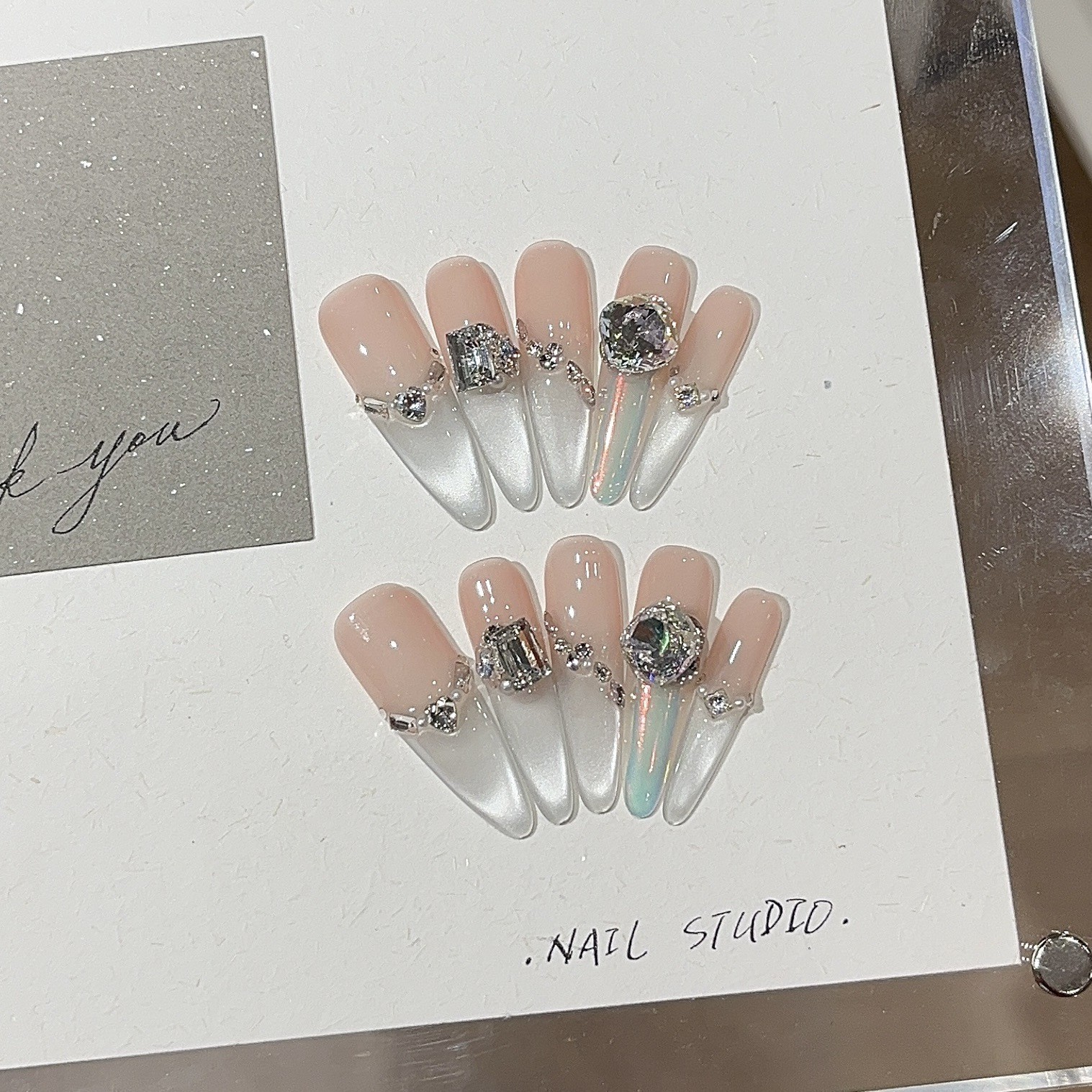 10Pcs Handmade White Moon Cat Eye Long Pointed Nails Full Rhinestones