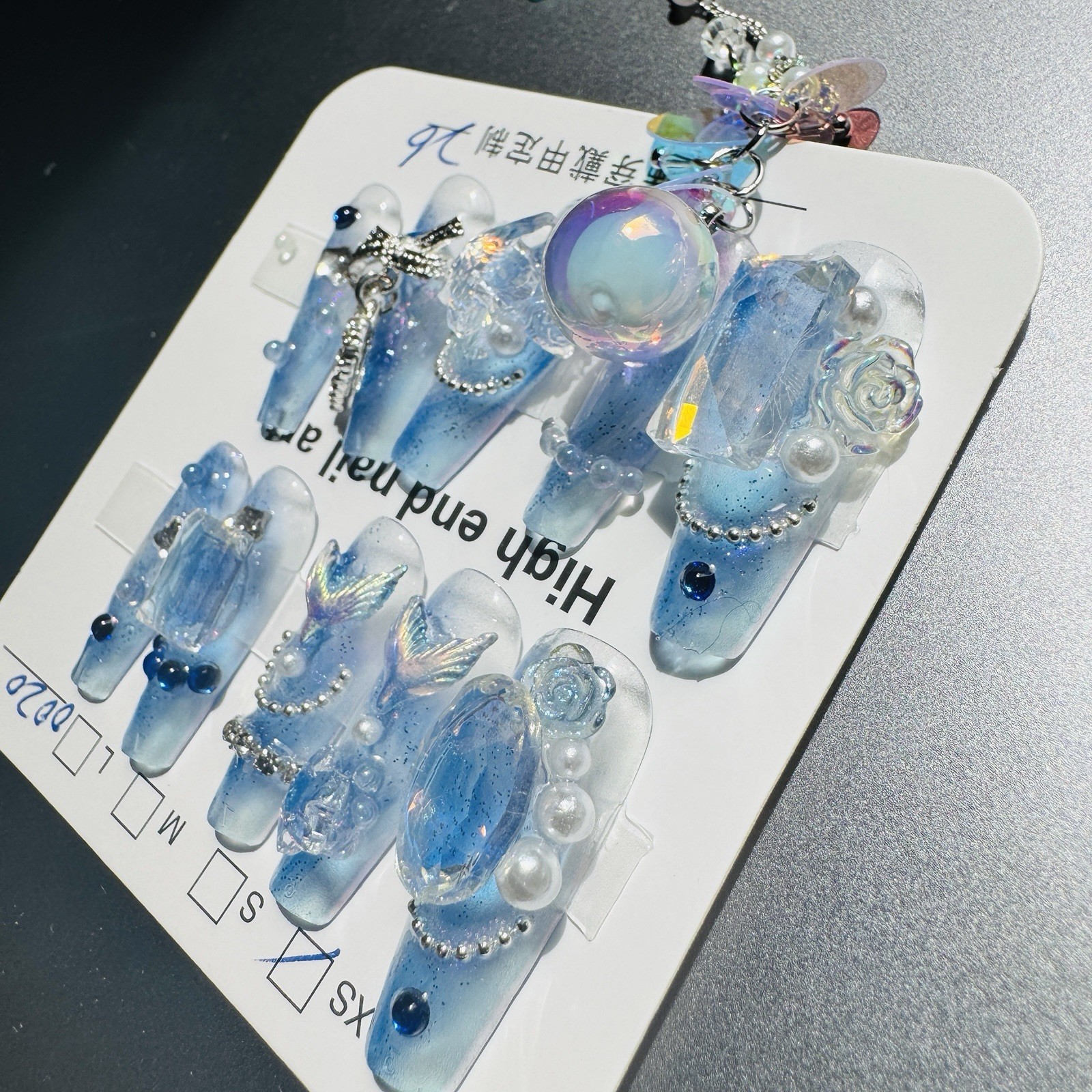 Press-On Nails Extra Long Coffin Blue/White/Clear Ocean Theme 3D Full Cover