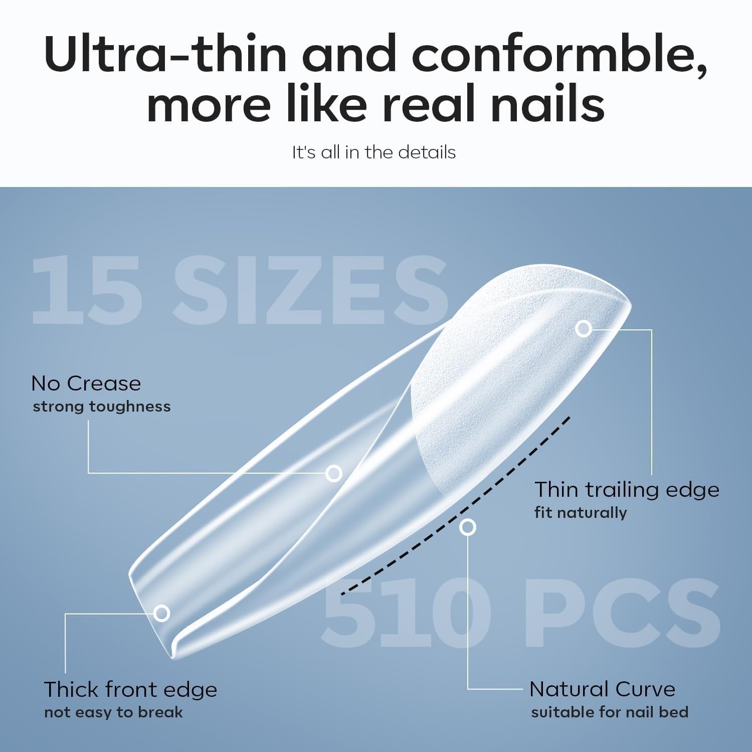 15 Sizes Short Square Gel Nail Tips Kit, 9-in-1 Glue & Portable LED Lamp, 510 Pc