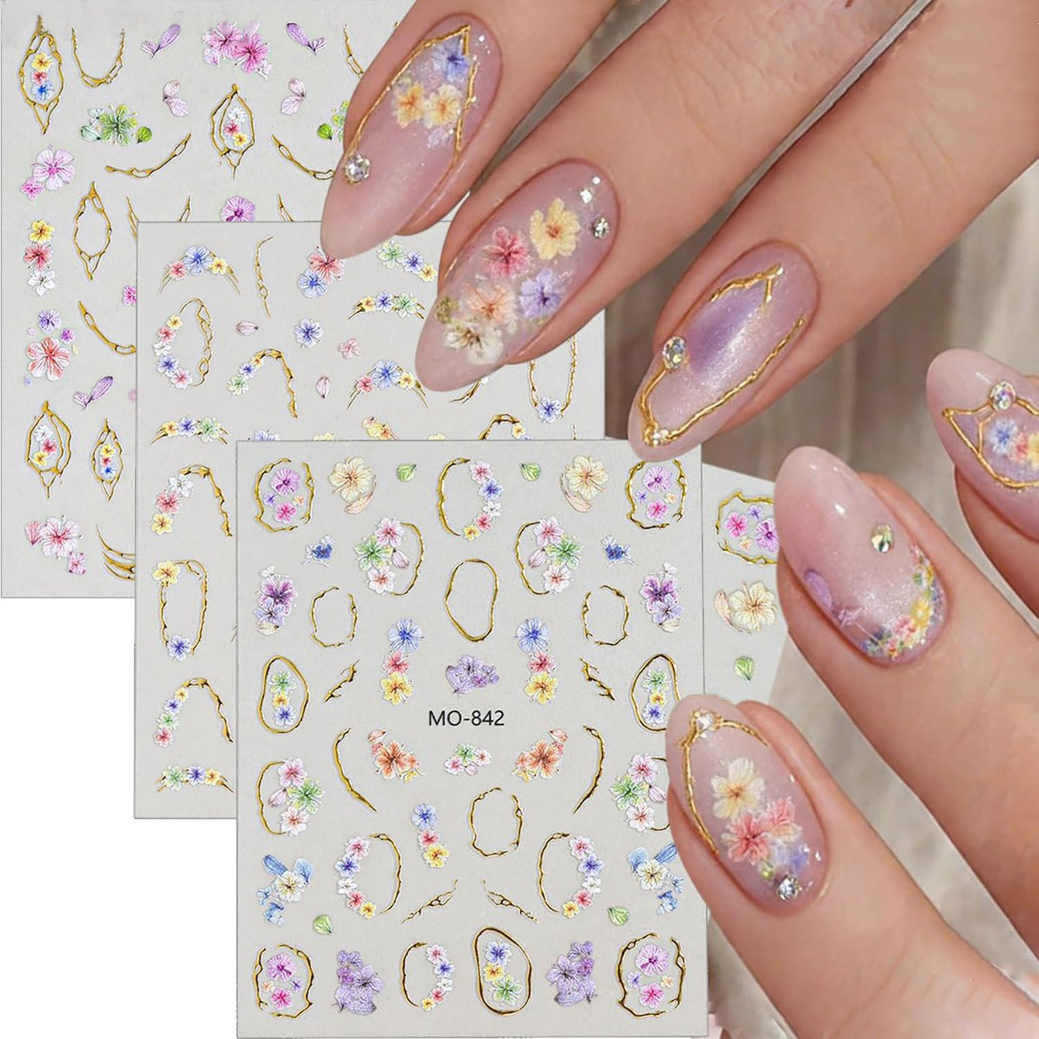 5D Embossed Gold Line Flower Nail Stickers – 2 Sheets Self-Adhesive Pink Floral
