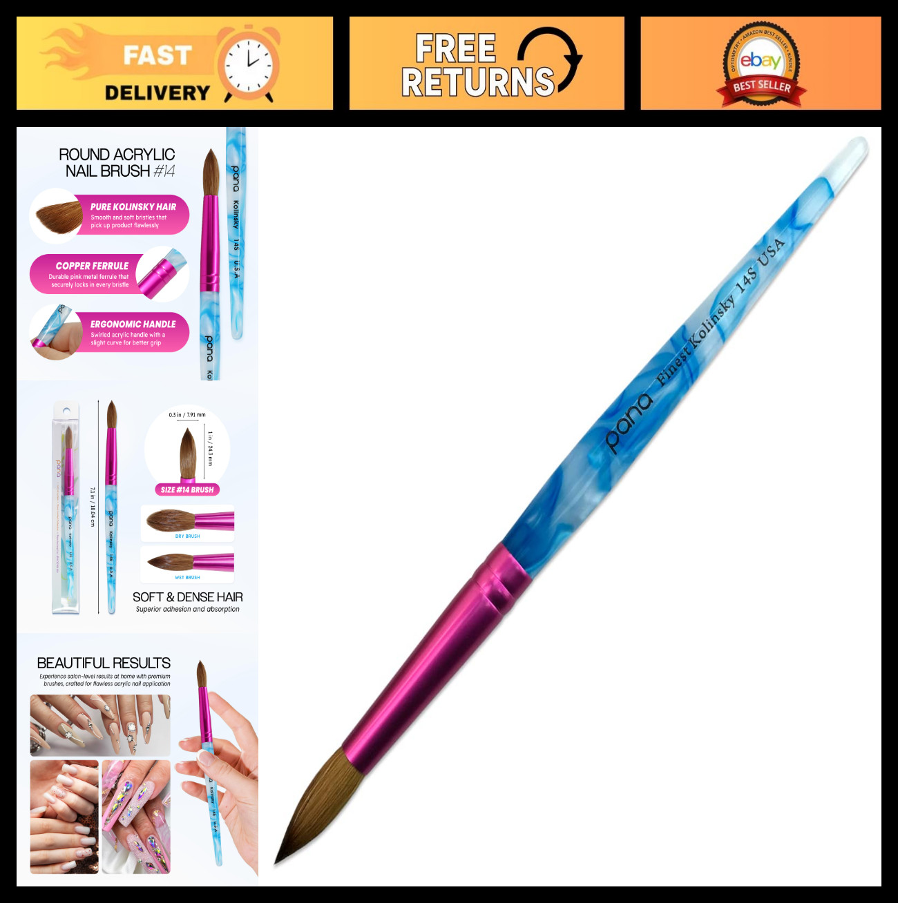 Size 14 Kolinsky Acrylic Nail Brush – Round Pink Ferrule, Blue Swirl Handle