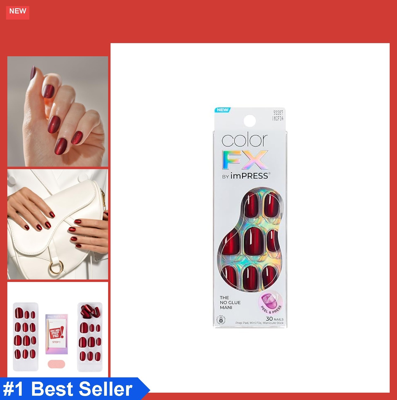 Press On Nails 30 Count Short Oval Red Glossy No Glue Kit with Prep Pad File