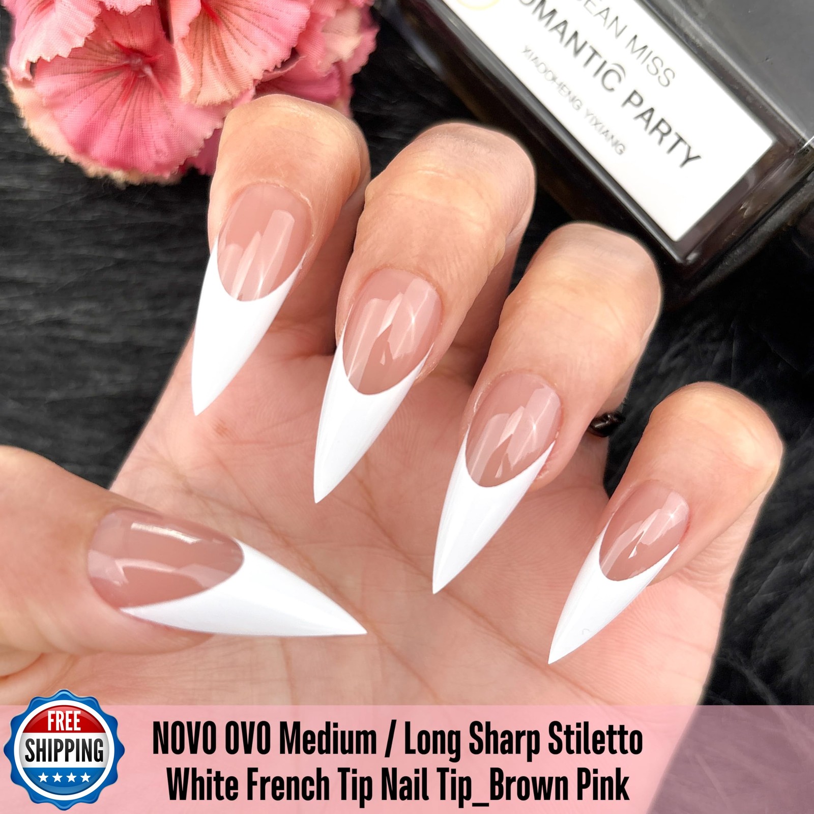 NOVO OVO Medium Long Sharp Stiletto Nail Tips (White French Tip) – Brown Pink…