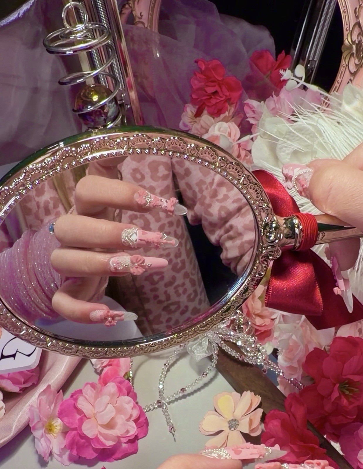Pink Princess Bow Lace Flower Matte Finish Press On Nails Long Y05 With Pearl