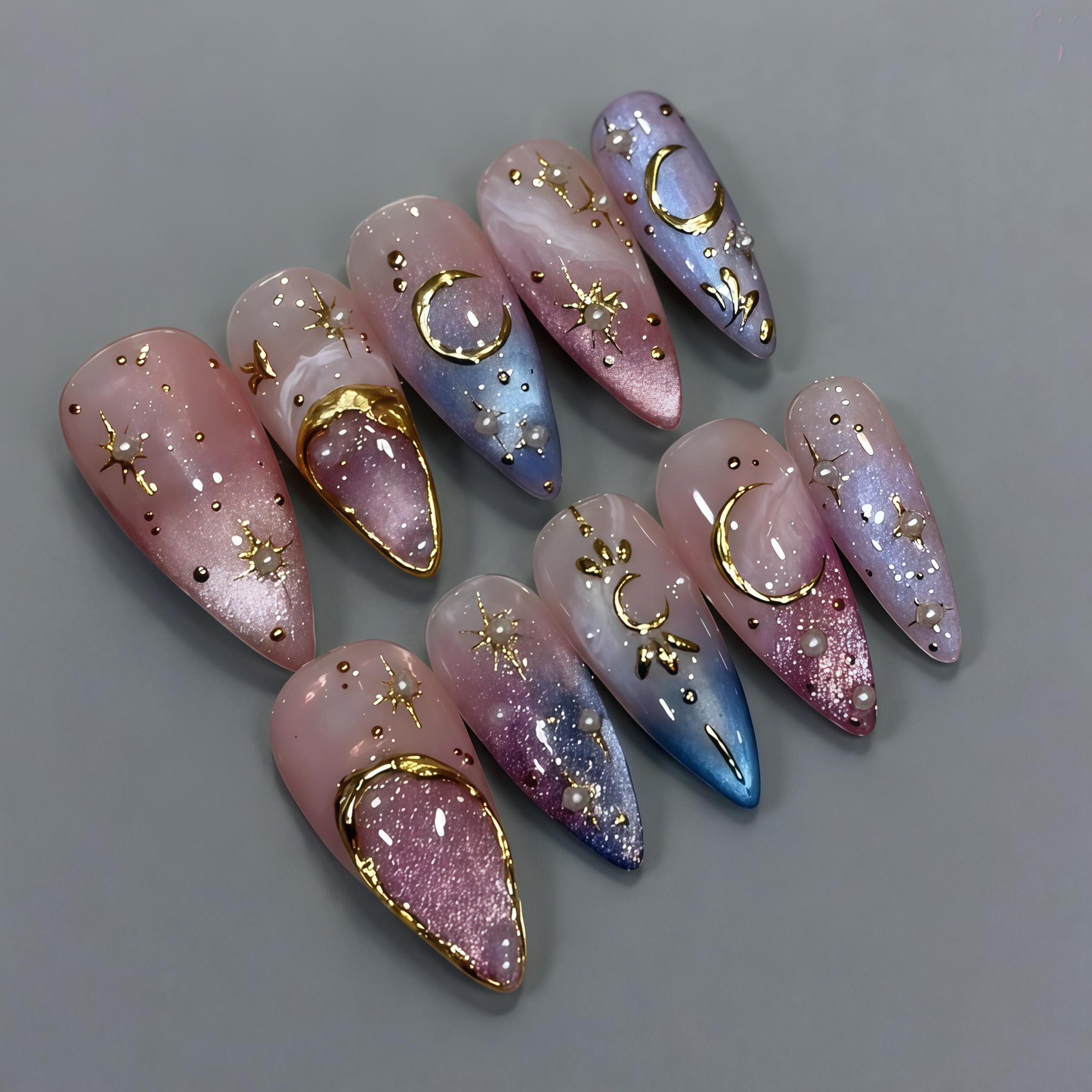 Custom Pure Handmade Nails Pink Blue Moon Star Pearl Dreamy Starry Manicure