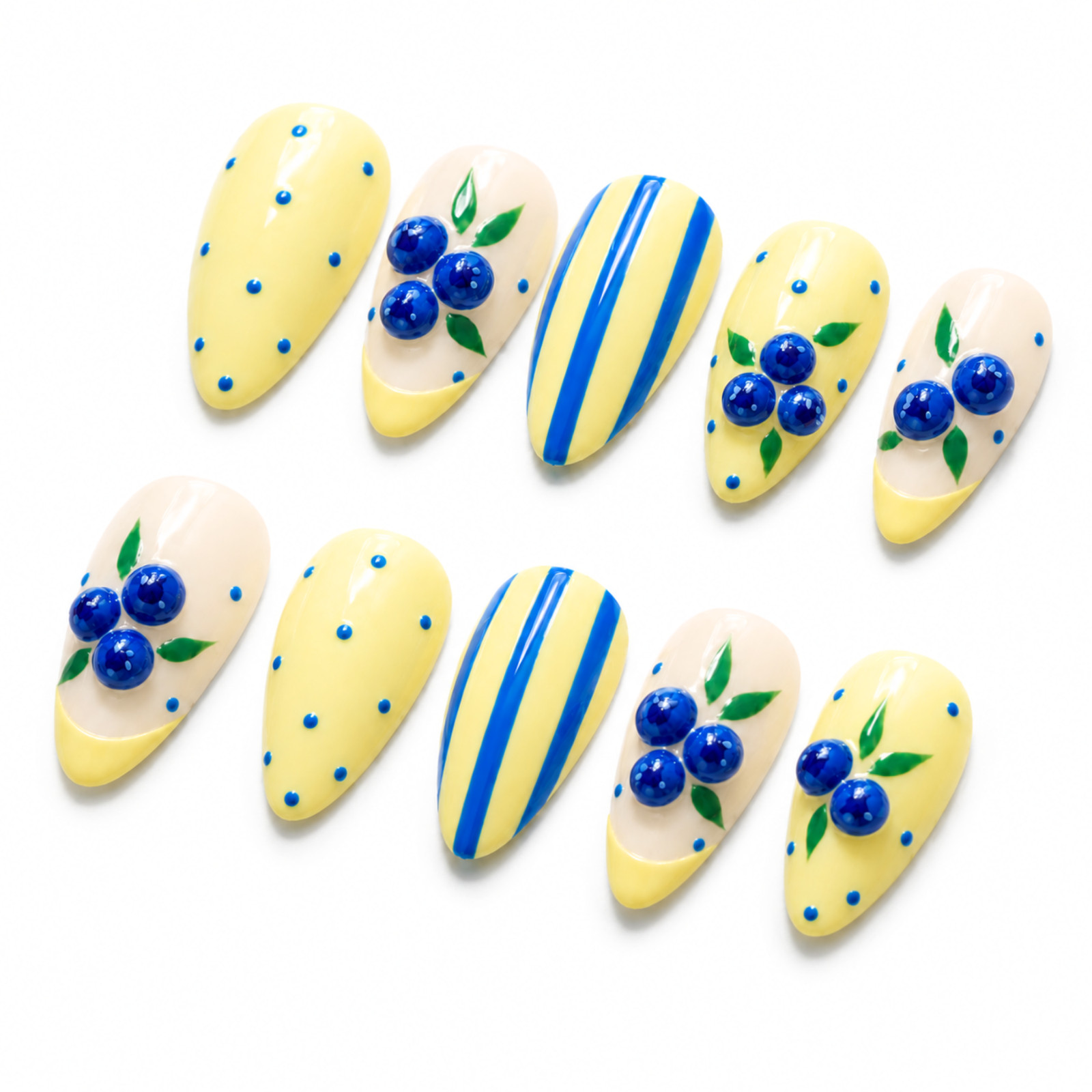 Handmade Blueberry Press On Nails Yellow Blue 3D Fruit Nail Art Set