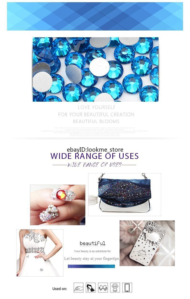 1440pcs Blue Glass Crystal Nail Art Rhinestones Flat Back Gems 3D Nail Tips Deco