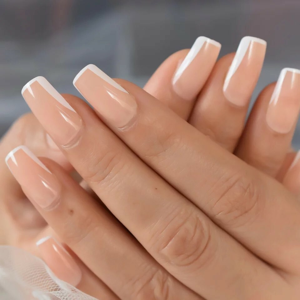 Press On Nails Nude White Rim Square Natural Modern French unique border trendy