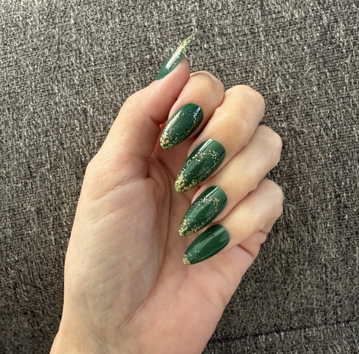 Reusable Self-Adhesive Press-On Nails Long Almond Green/Gold Glitter