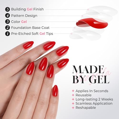 32Pcs Soft Gel Press on Nails – 16 Sizes Classic Red Almond Glue Ruby Romance