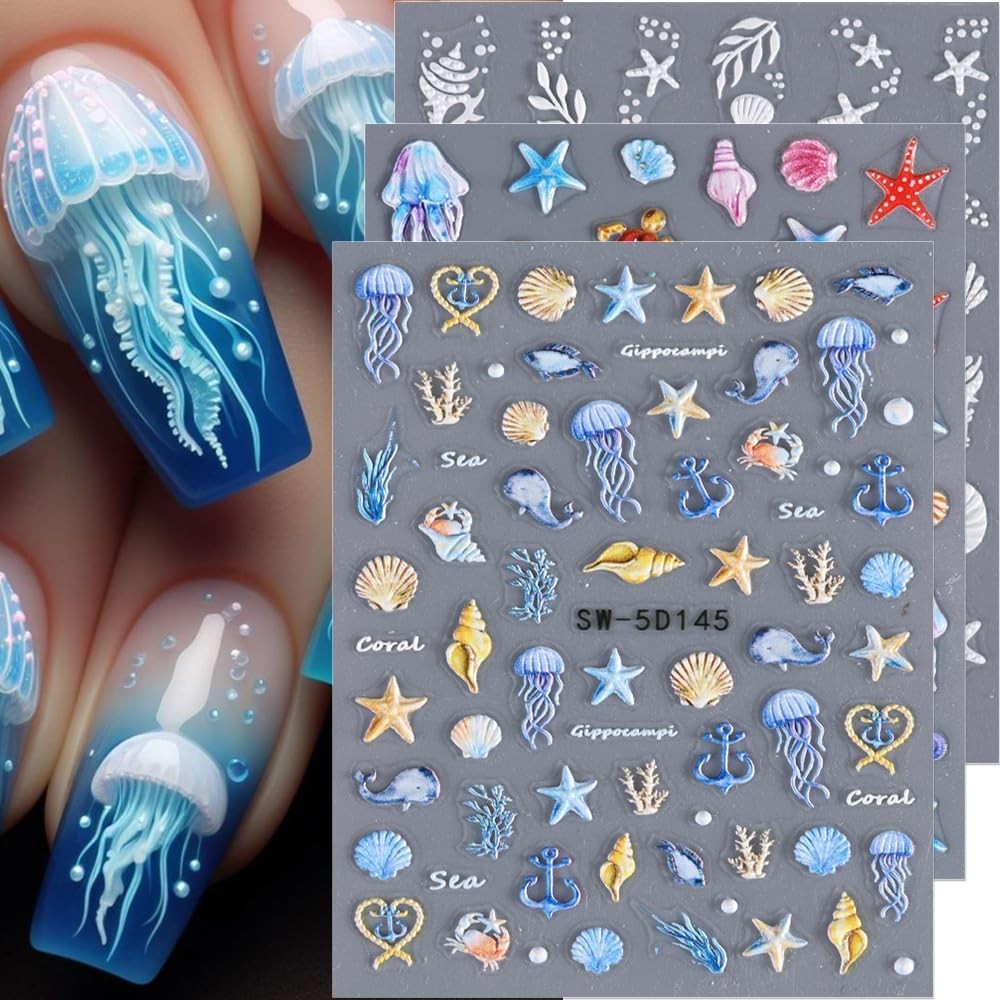 5D Embossed Ocean Nail Stickers – Summer Decals With Shell, Colorful