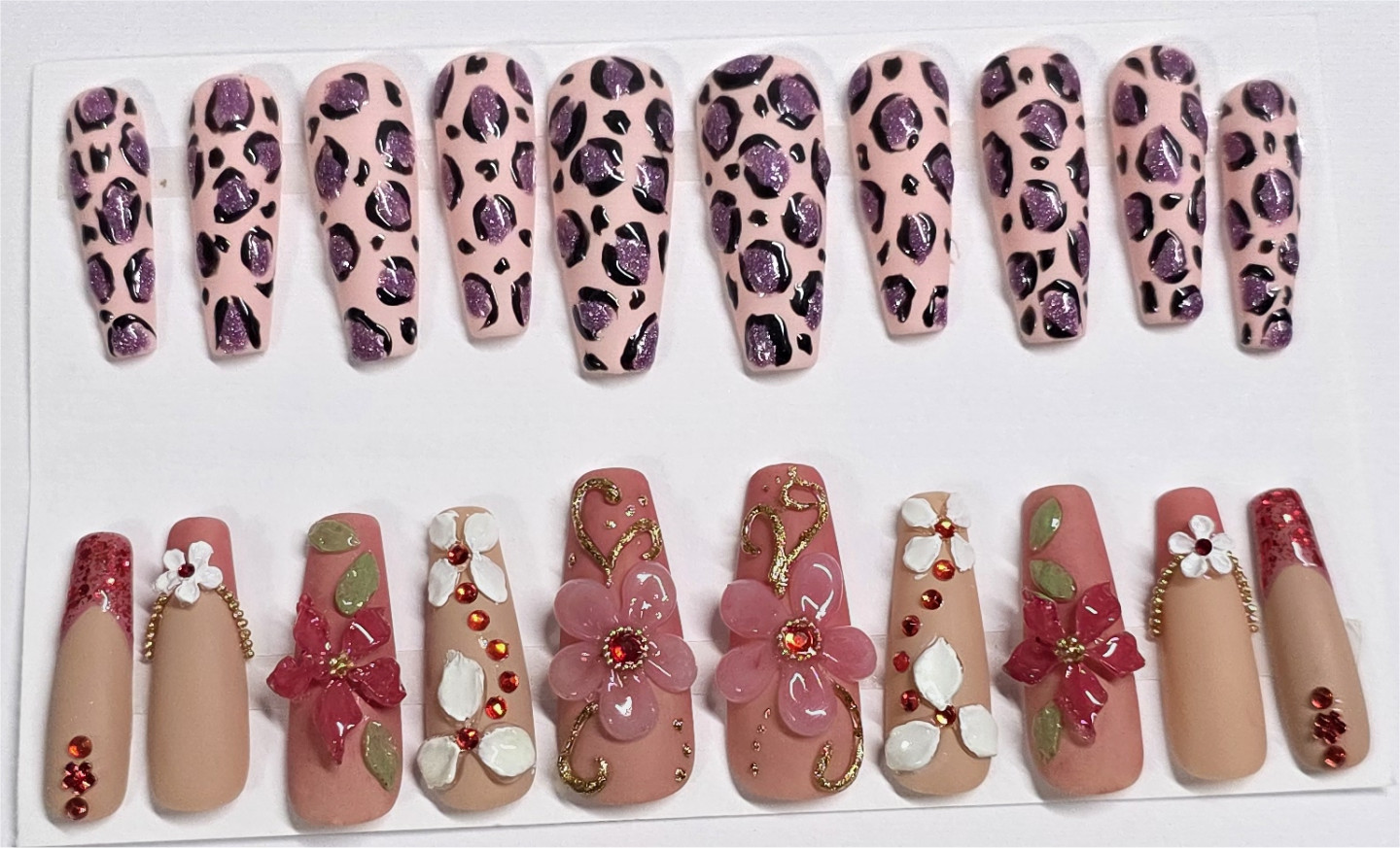10 Pcs Press On Nails Gel Coffin Shape Flower Leopard Printed Animal + Kit M