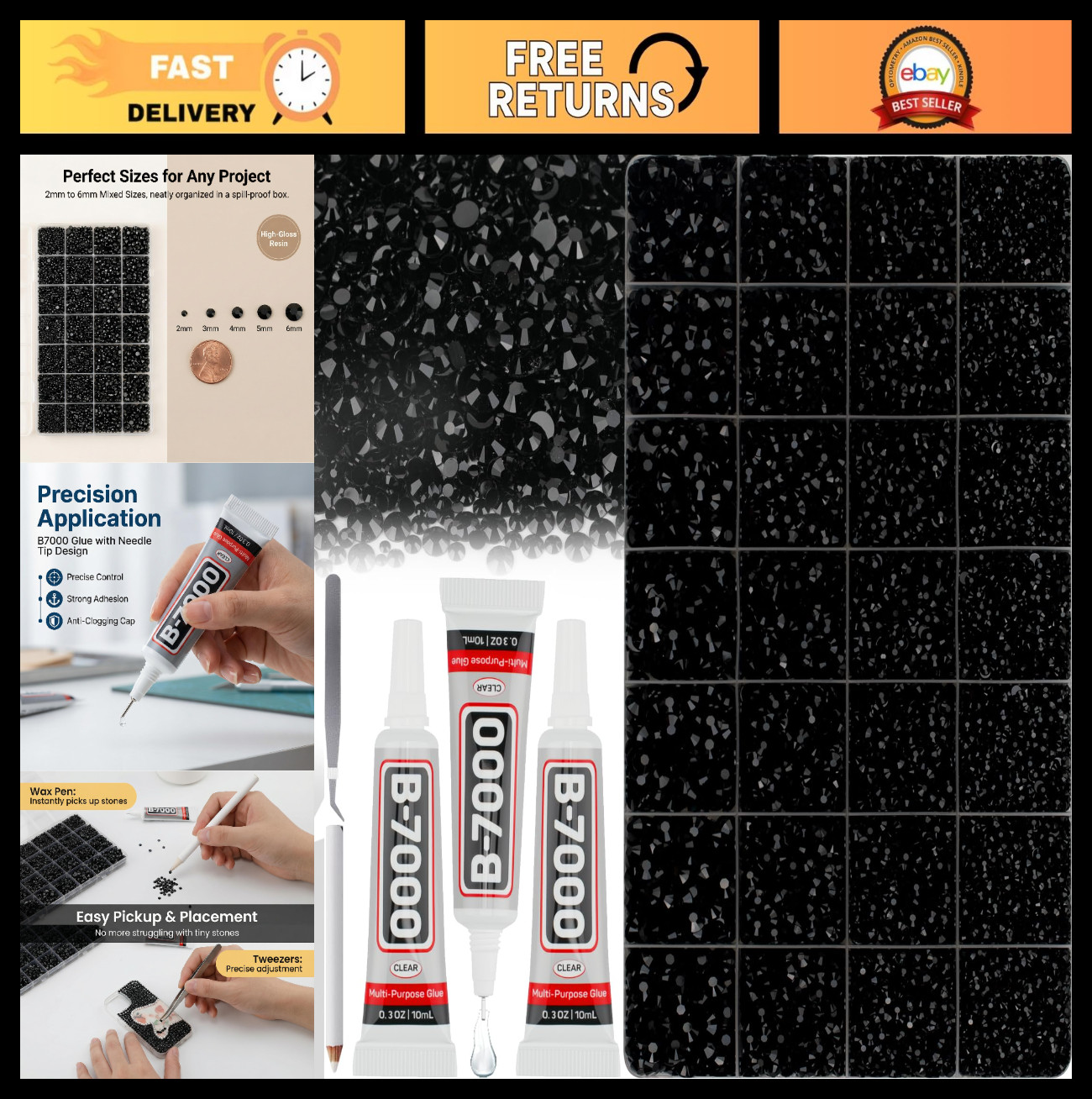 36,000 Pcs Black Rhinestones Gems for Crafting, Flatback Crystal Stones Kit with