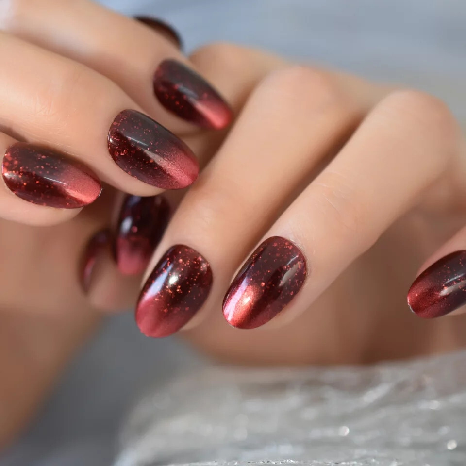 24 Medium Press on Nails kit glue on red galaxy ombre dark glitter