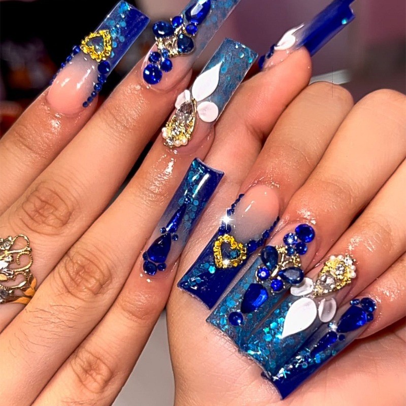 24pcs Luxury Bling Nails Press on Coffin with Blue Ombre and 3D Gem Accents