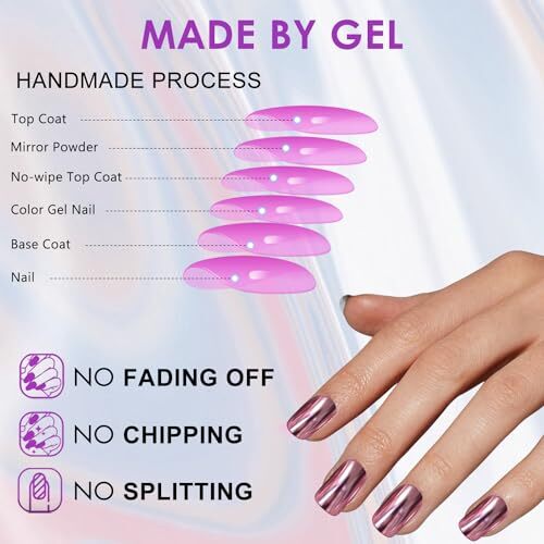 Chrome Square Press on Nails Short Medium, Metallic Fake Nails Coconut Pink