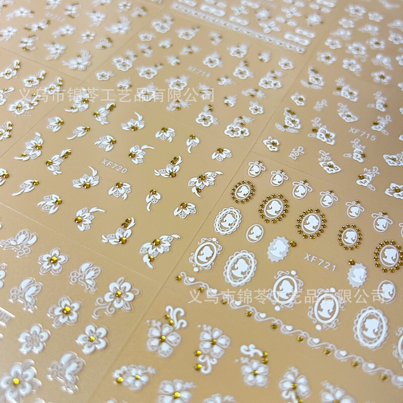 10sheets White Lace Daisy Flower Gold Rhinestones Nail Art Stickers Decor XF