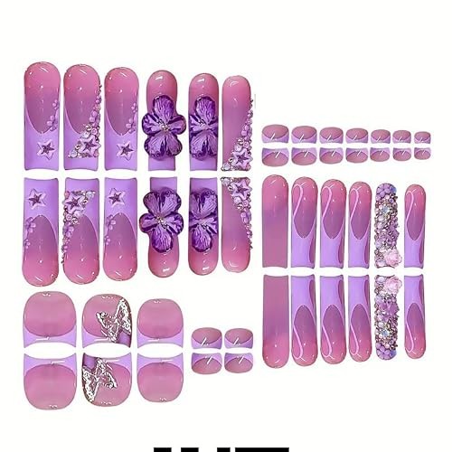 Long Press on Nails Square + Press on Toenail Purple French Tip Fake Style23