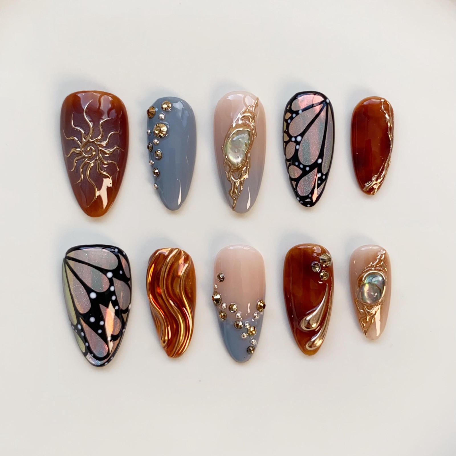 Custom Pure Handmade Nails Caramel Butterfly Gold Gem Vintage Western Manicure