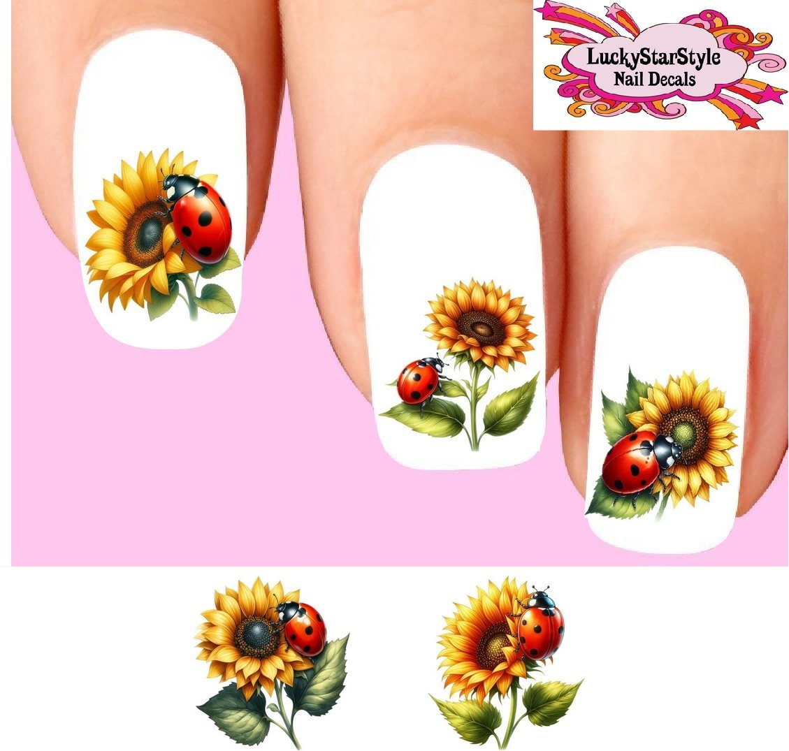 Waterslide Ladybug Nail Decals Set of 20 – Ladybugs with Sunflowers Assorted