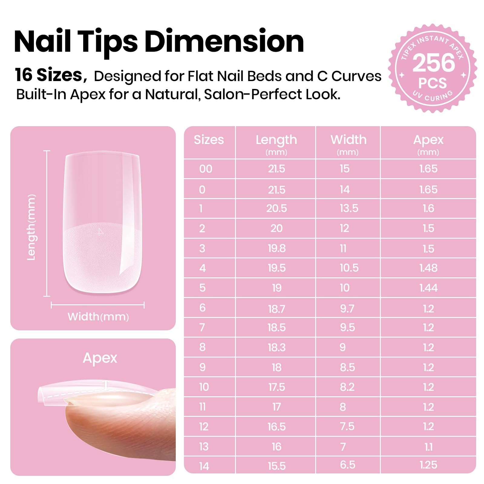 256pcs Short Square Nail Tips – No Builder Gel, 16 Sizes 00-14 for DIY Extension
