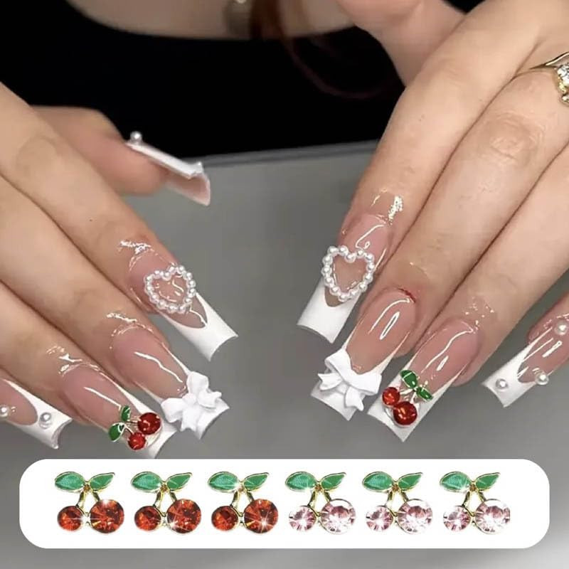 45 Pcs Cherry Nail Charms Rhinestone Red Pink Cherries Nail Art Gems Star Heart
